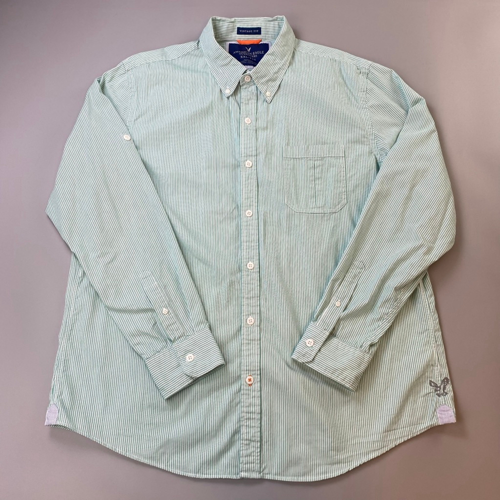 American Eagle Shirt Mens XXL Button Down Green White Stripe Vintage Fit Preppy